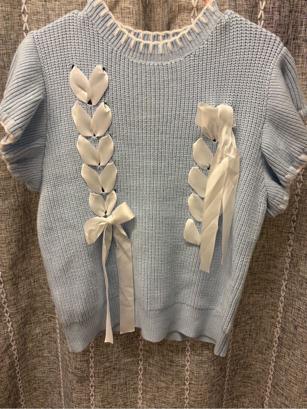 Main Strip Light Blue Crewneck Sweater with White Ribbon Braid